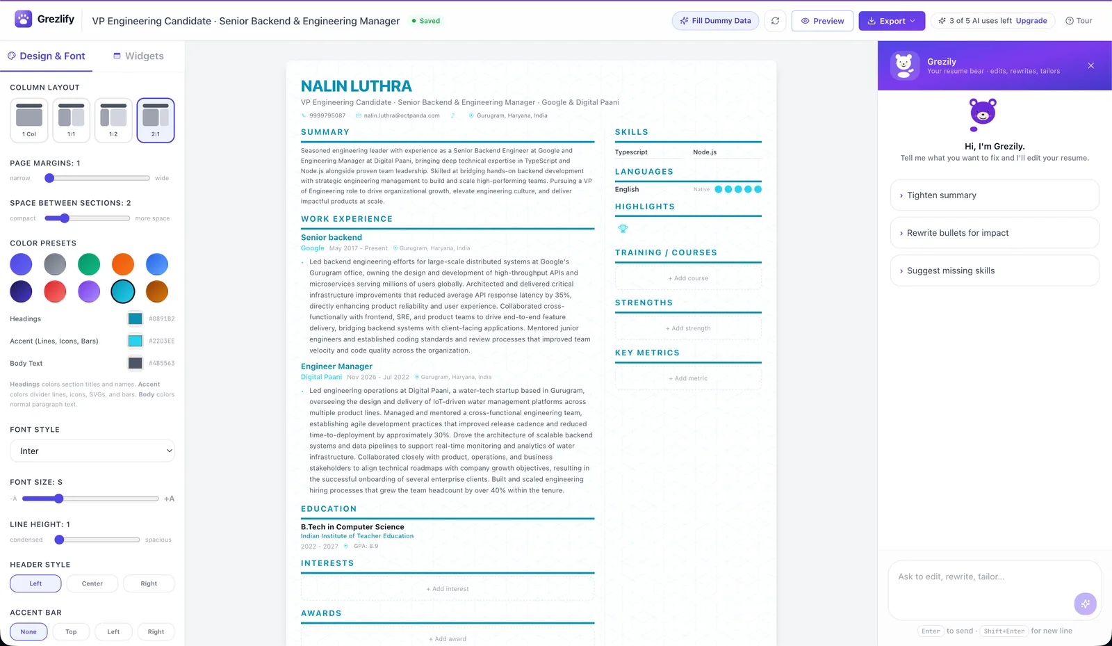 Grezlfy: AI Assisted resume builder screenshot 1